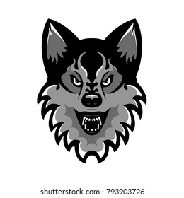 The head of a wolf logo on a white background. Sticker for teens. Vector stock illustration for printing on a t-shirt