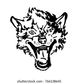 The head of a wolf with an open mouth. Hand drawn sketch image. Vector illustration on white background.