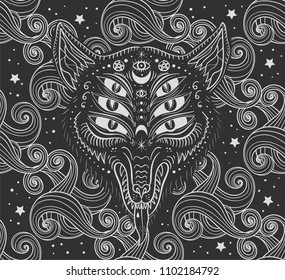 head of a wolf with six eyes among the clouds and stars