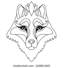 Head of wolf tangle design. Hand drawn doodle vector illustration. Template with simple shapes to create a complex decorative coloring. Animal head front view for coloring page, tattoo, print, puzzle.
