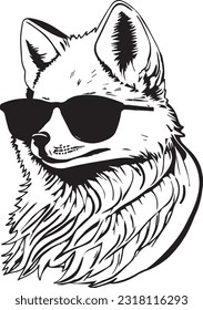 Head of a wolf. for tattoo, t-shirt design, shirt design. portrait of a smart artic fox with sunglasses, outlines, Vector illustration, isolated objects.