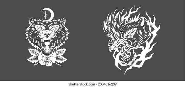 Head Of Wolf And Tiger Line Art Vector Design