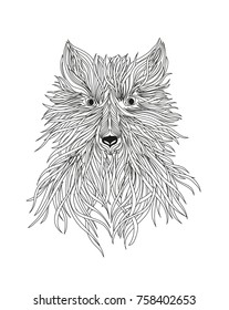 The head of a wolf is a wild beast or dog. Vector. Black and white graphic style. Symbol of the year 2018. New Year.
