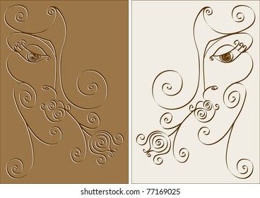 Head of a woman, abstraction, curls, flowers, large format cutting