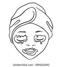 The head of a woman with a cosmetic mask on her face and her hair hidden in a turban. Beauty and personal care concept. Vector illustration with lines in cartoon style
