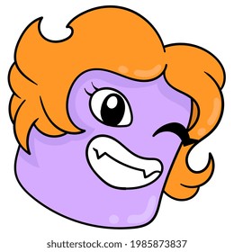 the head of a woman with curly hair with a flirty face winks, vector illustration carton emoticon. doodle icon drawing