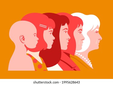 The Head Of A Woman Of Different Ages In Profile. The Child And Adult Face Side View. Childhood, Youth And Old Age. Vector Flat Illustration