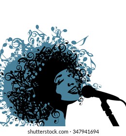 Cabeza de mujer con el pelo como símbolos musicales en un fondo blanco. Ilustración vectorial