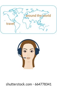 Head of the Woman in headphones on the background of the atlas of the world - the art of creative modern vector illustrations. Banner - Communication, Dispatch, Sales Manager. Poster travel.