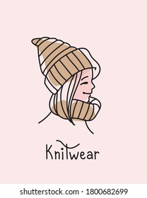 The head of a woman in a knitted hat and scarf. A line drawing, logo, and icon for the design of your knitting store.
