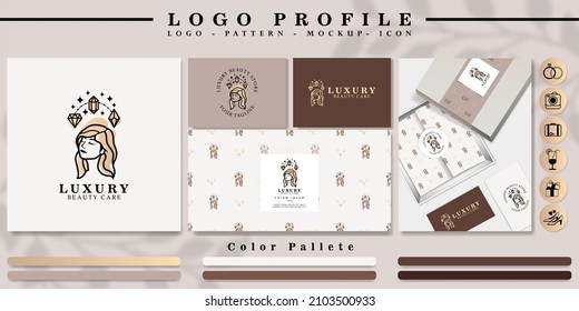marca del logotipo de la cabeza de la cabeza de la mujer con conjunto de patrones e iconos