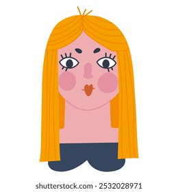 Head of a woman with long hair. Girl with big eyes, part of the body is the head. Flat vector illustration, eps10