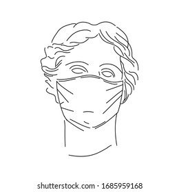 Head of a woman in a medical mask. Line contour drawing on a white background. Covid Prevention Concept - 19 or Coronavirus 2019 -nCov. Vector illustration