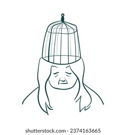 Kopffrau Alter Käfig Vektorskizze einfache handgezeichnete, handgezeichnete Linienstrecke einzelne abstrakte Symbol-Clip-Art