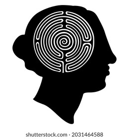 Head of a woman in profile with round spiral maze or labyrinth symbol as her brain. Creative concept. Mystery of female mind and human consciousness. Black and white silhouette.