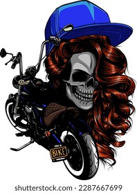 head woman skull with hat on motorcycle vector illustration. digital hand draw