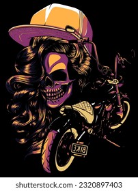 head woman skull with hat on motorcycle vector illustration on black background. digital hand draw