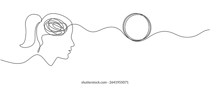 Head of a woman with a tangled mind transitioning into an unraveling thread of thoughts, one continuous editable line. Vector concept of chaos and order in thoughts, mental health, problem solving.