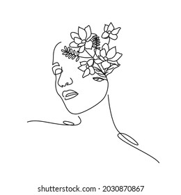 head women with bouquet flower in line art