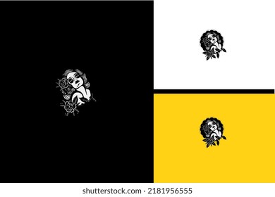 head women and flowers vector black and white design