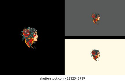 head women with red flowers vector mascot design