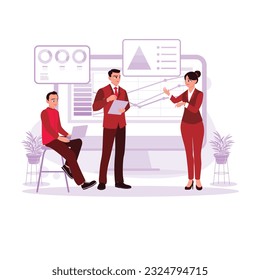 The head of women's analysis held the presentation at the economic team meeting. Features growth analysis, charts, statistics, and data. Trend Modern vector flat illustration.