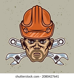 Cabeza de trabajador con la palma en sombrero duro y dos mechas ajustables cruzadas ilustración vectorial en el colorido estilo de caricatura aislado en el fondo de la luz