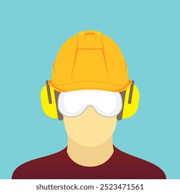 Cabeza de trabajador con casco, gafas y orejeras. Equipo de protección personal contra la caída de material, los desechos voladores ponen en peligro los ojos y el riesgo de ruido. Construcción y Ilustración vectorial industrial