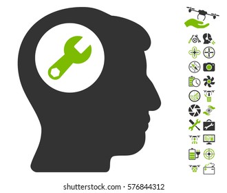 Head Wrench icon with bonus nanocopter tools icon set. Vector illustration style is flat iconic eco green and gray symbols on white background.
