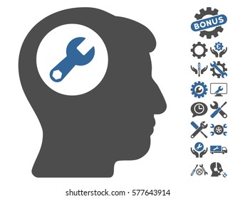 Head Wrench pictograph with bonus options design elements. Vector illustration style is flat iconic cobalt and gray symbols on white background.