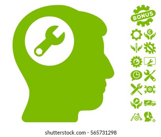 Head Wrench pictograph with bonus settings symbols. Vector illustration style is flat iconic eco green symbols on white background.