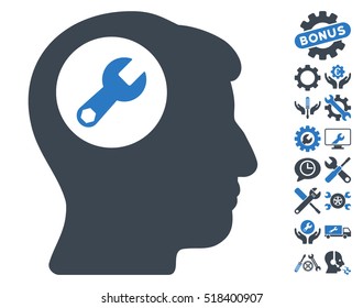 Head Wrench pictograph with bonus tools pictures. Vector illustration style is flat iconic smooth blue symbols on white background.