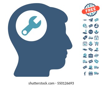 Head Wrench pictograph with free bonus pictograms. Vector illustration style is flat iconic symbols, cyan and blue colors, white background.
