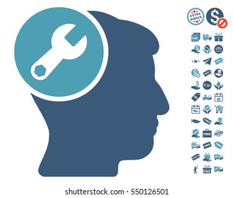 Head Wrench Repair pictograph with free bonus graphic icons. Vector illustration style is flat iconic symbols, cyan and blue colors, white background.