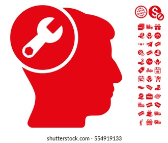 Head Wrench Repair pictograph with free bonus design elements. Vector illustration style is flat iconic symbols, red color, white background.