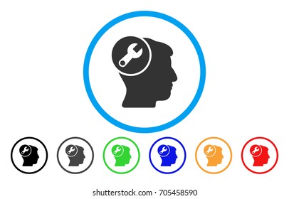 Head Wrench Repair vector rounded icon. Image style is a flat gray icon symbol inside a blue circle. Bonus color versions are grey, black, blue, green, red, orange.