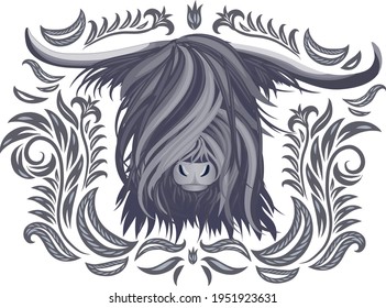 The head of a yak in grey shades with an ornament. Logo, T-shirt design, tattoo, logo, decoration.