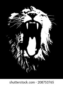 The head of yawning Asian lion, isolated on black background. The King of beasts, biggest cat. The most dangerous of the world shows his huge fangs. Great for user pic, icon, label or tattoo.