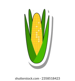 Head of yellow golden corn in green leaves. Ripe healthy vegetable. Seasonal harvest of edible plants concept. Flat paper sticker isolated on white background