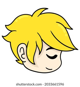 la cabeza de la rubia de cabello amarillo guapo de lado, ilustración vectorial emoticono de caja. dibujo de icono de garabato