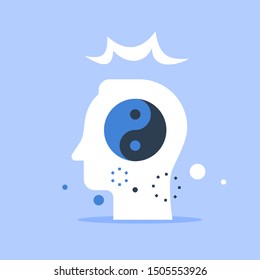 Head and yin yang sign, mental harmony, inner balance, self understanding, good and bad opposite sides, positive or negative mindset, vector flat illustration