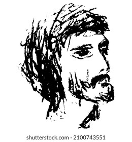 Head of a young bearded man. Male portrait. Hand drawn linear doodle rough sketch. Black silhouette on white background.