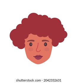 Head of young beautiful adult woman in red curly hair, tanned skin and purple lip. Avatar of powering woman. Vector illustration