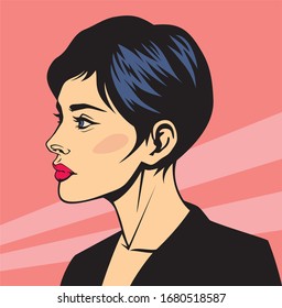 Head of young beautiful woman, short haired brunette, comic style, vector image