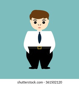 Head of a young businessman holding hands in pockets