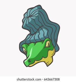 Head of young crocodile in comics style. Vector illustration with funny cartoon character in hat. Mascot alligator