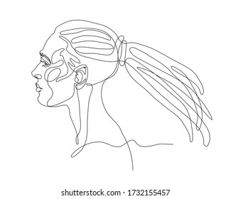 head of a young cute girl with dreadlocks hairstyle in profile, for logo, posters, cards, vector illustration with black contour lines isolated on a white background in one line drawing style