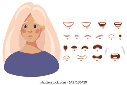 Head A young girl character constructor with different emotions and lip synchronization. Mouth set of female cartoon character in flat design, vector illustration isolated on white background.