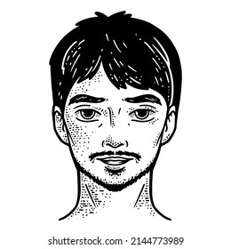Cabeza, joven con bigote. Dibujo de dibujo de línea. Dibujado a mano.