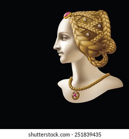 The head of a young lady in Renaissance style on a black background